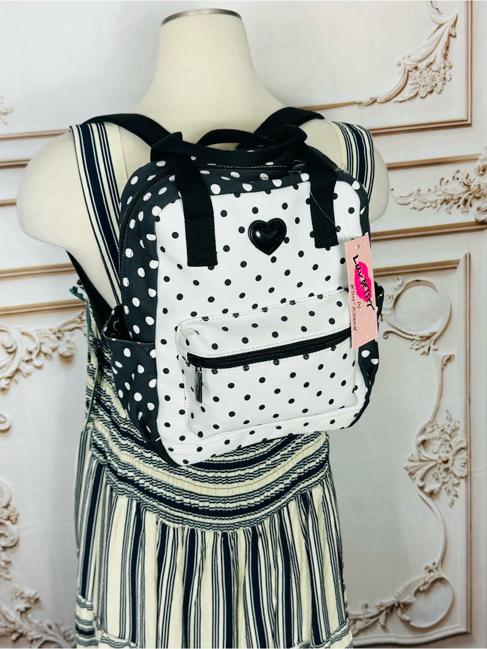 Betsey Johnson Black & White Polka Dot Heart Patch Backpack - Picture 12 of 16